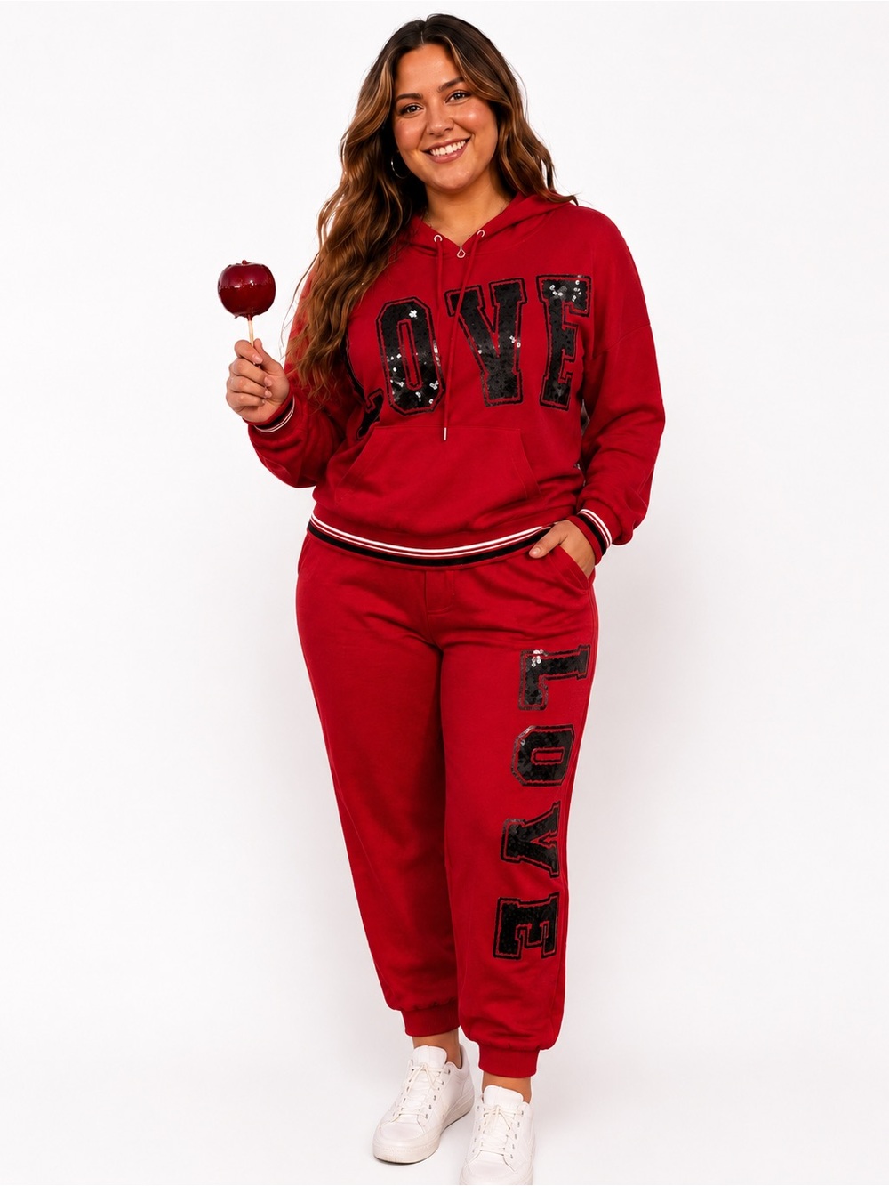 AshleyStewart LOVE Sequin Red Hoodie Jogger Set Plus SZ 14/16 Top 22/24 Pant NWT